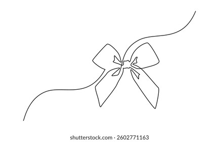 Gift ribbon bow in one continuous line drawing. Christmas and birthday present wrap in simple linear style. Concept of holiday and celebration in editable stroke. Doodle contour vector illustration