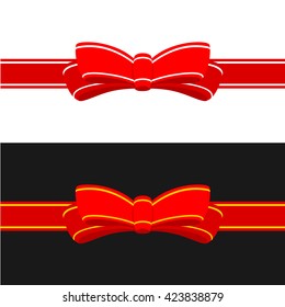 Gift ribbon with red bow. Horizontal ribbon decoration isolated on white and black backgrounds.