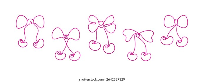 Gift ribbon set. Pink cherry. Coquette aesthetic continuous line logo. Graphic sign. Vector girls simple illustration for posters, cards, logo, printing on t-shirt