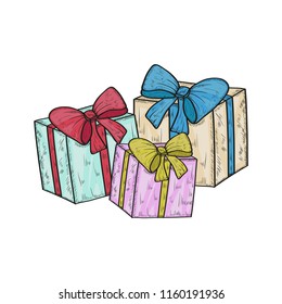 A gift, a ribbon. Three. Multicolored boxes. Sketch. On a white background.