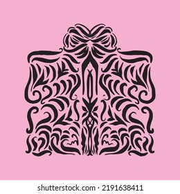 Gift with ribbon wrapping vector illustration with botanical and flora pattern on pink background