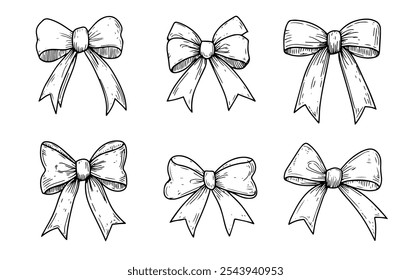 Gift ribbons drawing set. Six bows for present holiday decorations hairstyle. Party greeting line art. Black on white vector illustration