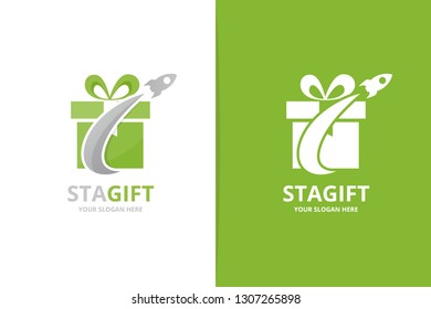 Gift and rocket logo combination. Unique surprise and flight logotype design template.