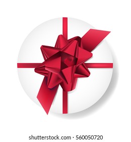 Gift Round box with red bow and ribbon. Vector illustration