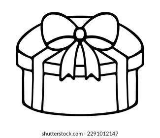Gift in a round box. Sketch. The surprise is tied with a ribbon with a bow at the top. Vector illustration. Isolated background.  Doodle style. Nice present. Holiday package delivery. Birthday. 