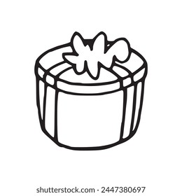 Regalo en forma redonda con una ilustración de contorno simple de corbata de moño. Un solo boceto de contorno de caja de regalo listo para el logotipo dibujado a mano sorpresa. Bolígrafo de cumpleaños y postre con detalle de dibujo y logotipo de decoración