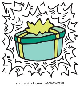 Regalo en un paquete de forma redonda con una ilustración de contorno simple de corbata de moño. Caja de regalo individual lista para el logotipo plano de la mano de la sorpresa dibujado. Detalle de decoración de dibujo de lápiz de icono de cumpleaños. Dibujo de bienvenida