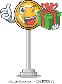 With gift roundabout ahead cartoon shape with mascot