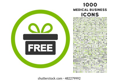 Gift rounded vector bicolor icon with 1000 medical business icons. Set style is flat pictograms, eco green and gray colors, white background.