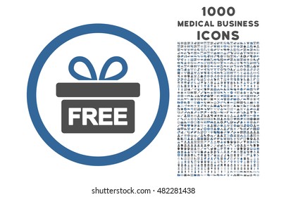 Gift rounded vector bicolor icon with 1000 medical business icons. Set style is flat pictograms, cobalt and gray colors, white background.