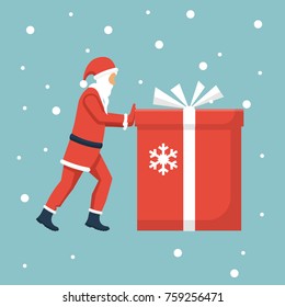 Gift from Santa Claus. Santa Claus holding red gift box. Vector illustration flat design. Merry Christmas and Happy New Year on a snowy background.