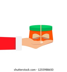 Gift from Santa Claus. Santa Claus holding white gift box in hand. Vector illustration flat design. Merry Christmas and Happy New Year j