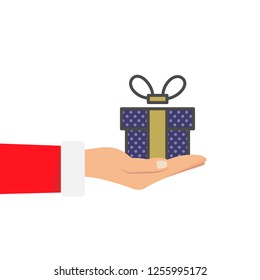 Gift from Santa Claus. Santa Claus holding white gift box in hand. Vector illustration flat design. Merry Christmas and Happy New Year p