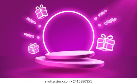 Geschenkszenario Mega Verkauf, Shopping Podium Banner, Neon-Nacht-Podestal. Vektorgrafik