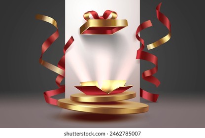 Escena de regalo mega venta, Anuncio del podio de compras, pedestal de celebración. Ilustración vectorial