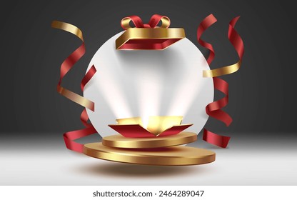 Gift scene mega sale, shopping podium banner, celebration pedestal. Vector illustration