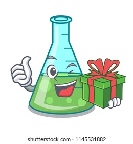 With gift science beaker mascot cartoon
