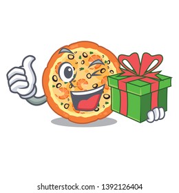 With gift seafood pizza in the mascot shape