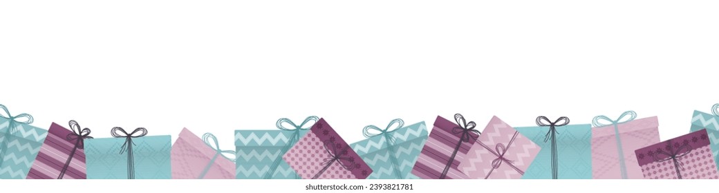 Gift seamless border. Stack gift box package, present box to holiday birthday and christmas, color poster and banner vector illustration