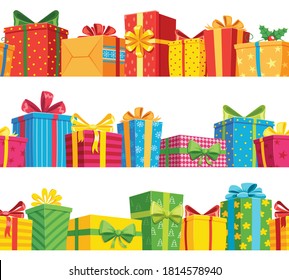 Gift seamless border. Stack giftbox package, present box to holiday birthday and christmas, color poster and banner vector illustration