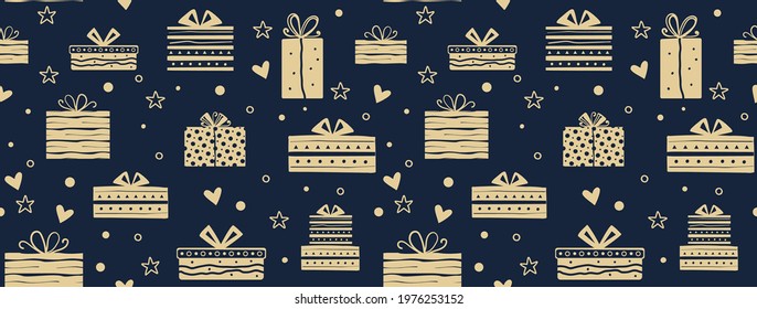 Gift seamless hand made pattern. Gold blue vector patterns for web, fabric, wrapping paper. Vector illustration.
