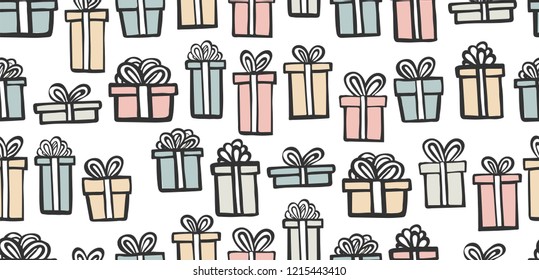 gift seamless pattern. Color simple present box with ribbon. Hand drawing . Doodle style black ink.