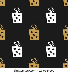 Gift Seamless Pattern, hand drawn gift boxes doodles background, Vector Illustration.