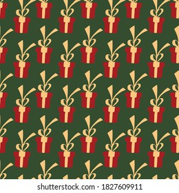 Gift seamless pattern isolated on green background. Red presents with yellow tape. Merry Christmas, birthday, celebrative postcard. Use to wrapping paper, decoration, template.