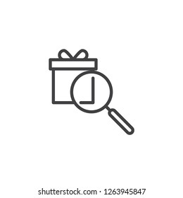 Gift search outline icon. linear style sign for mobile concept and web design. Magnifying glass and gift box simple line vector icon. Symbol, logo illustration. Pixel perfect vector graphics