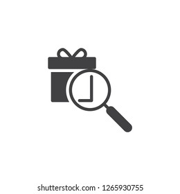 Gift search vector icon. filled flat sign for mobile concept and web design. Magnifying glass and gift box simple solid icon. Symbol, logo illustration. Pixel perfect vector graphics