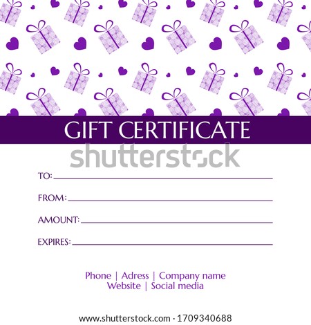 Gift sertificate card - modern gift sertificate card template. Voucher or gift card with gifts/hearts pattern. Design for shop, beauty salon, barbershop, spa. Vector typography. 