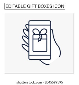 Icono de línea de servicio de regalo. Aplicación en smartphone para pedido de embalaje perfecto. Sorpresa. Celebración del cumpleaños. Concepto de caja de regalo. Ilustración vectorial aislada. Trazo editable