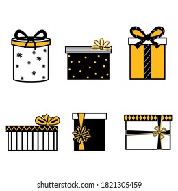 Gift set with bows isolated on a white background, vector illustration in flat style, color black and yellow, clipart, design, decoration, icon