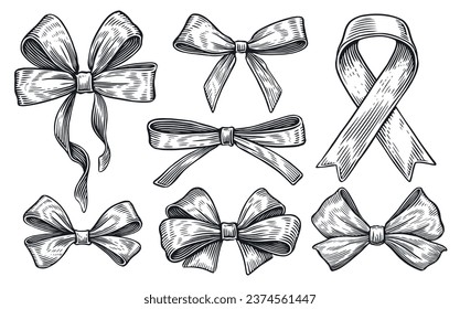 Gift set of bows. Silk ribbons with bows, holiday decor for holiday packaging and design. Hand drawn, not AI