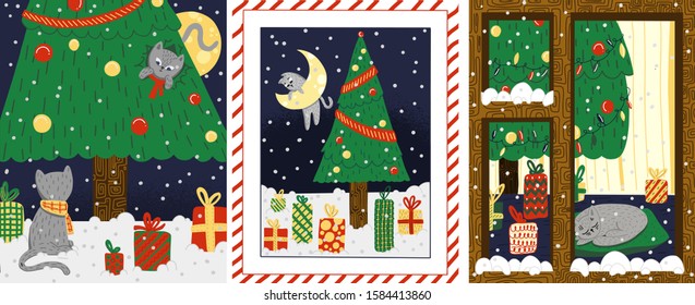 gift set of Christmas cards. with Christmas tree and cats