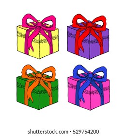 Gift set Christmas hand drawn vector cartoon. Happy new year. Holiday illustration Xmas. Doodle style. Merry Christmas. Logo, print, stamp, patch, design, wallpaper, textile, paper, decor, art.Eps10. 