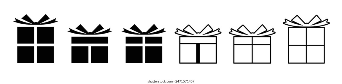 Gift set icon. Box, ribbon, heart, like, gift, event, congratulation, surprise, souvenir, dear, relationship, relationship. Holiday concept. Vector set line icon on white background