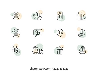 Gift set icon. Present, delivery, shopping cart, speech bubble, restart, pointer, locatioan, bounty, donative, order, pledge, holiday, new year, box with a bow, birthday. Celebration concept.