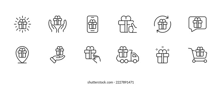 Icono de conjunto de regalo. Presente, entrega, carrito de la compra, presentación, reinicio, puntero, locación, recompensa, donativo, pedido, prenda, vacaciones, año nuevo, caja con arco, cumpleaños. Concepto de celebración.
