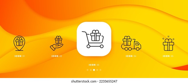 Gift set icon. Present, delivery, shopping cart, presentation, restart, pointer, locatioan, bounty, new year, box with a bow, birthday. Celebration concept. Infographic timeline