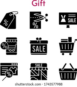 gift set. included gift, online shop, shop, voucher, price tag, shopping cart, shopping-basket icons. filled styles.