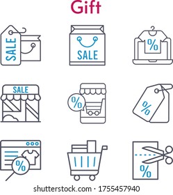gift set. included shopping bag, online shop, shop, voucher, price tag, shopping cart icons. bicolor styles.