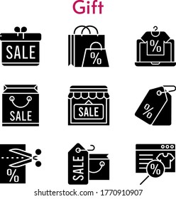 gift set. included gift, shopping bag, online shop, shop, voucher, price tag icons. filled styles.