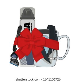 Gift set for men's holiday. Vector illustration of mugs, shaving foam, razors. Translation: "Shaving Foam"
