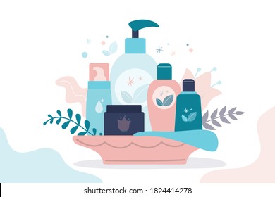 Gift Set Of Organic Cosmetics For Women. Various Bottles, Tubes And Jars For Skincare. Female Cosmetics: Gels, Lotions And Creams For Body Care. Concept Of Natural Products. Flat Vector Illustration