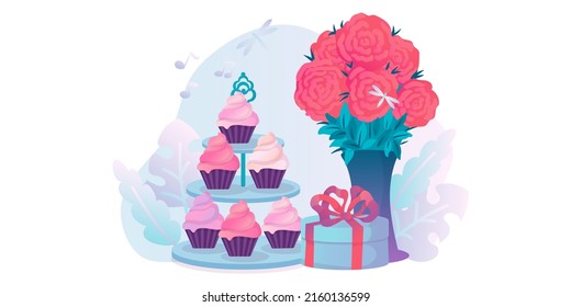 Juego de regalos. Un regalo con un arco rojo, un ramo de flores en un jarrón, bizcochos en un estrado. Dulces de vacaciones. Ilustración vectorial aislada en fondo blanco.