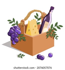 Gift set of wine,cheese and grapes isolated on a white background.Bright vector illustration can be used in holiday cards, menus,banners,textiles.