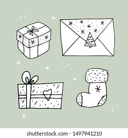 Gift set for the winter New Year holidays. Gift box, letter , envelope,knitted sock. Hand drawn doodle style. 1