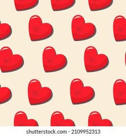 A gift in the shape of a heart with a bow. Vector pattern in a flat style. Simple seamless pattern. Valentine's Day background.