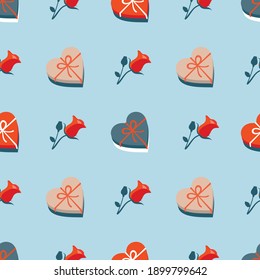 Un regalo en forma de corazón y una rosa roja sobre un fondo azul. Vector, patrón sin fisuras.